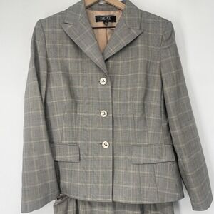 VTG 90s Kasper Blazer Skirt Suit Women 14 Glen Plaid Brown Ruffle Hem Preppy